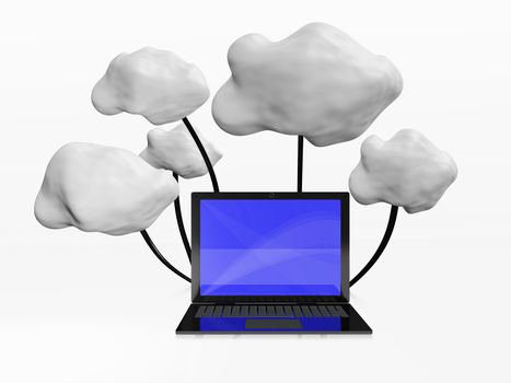 Cloud computing concept depicted with a 3D illustration of a laptop computer connected to clouds. This is suitable for cloud computing and remote database servers concepts.
