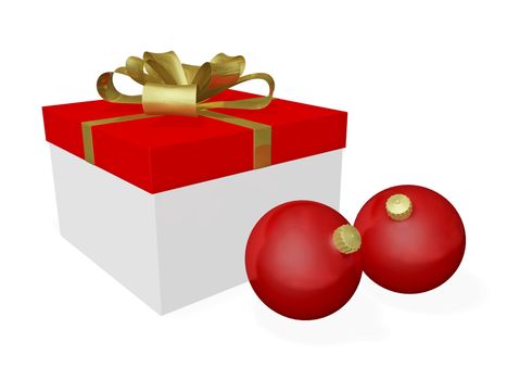 This 3D illustration show a festive gift box with a red lid and a golden bow ribbon and two red Christmas decoration bauble ornaments. Ideal for use in Christmas, festival, holiday, celebration, new year and gifting concepts. 
