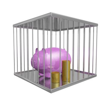 This 3D illustration contains a savings piggy bank and stacks of gold coins secured in a chrome cage. Ideal for use in financial and economic concepts like saving money, building wealth and safekeeping money.
