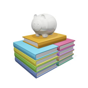 This 3D illustration  shows a piggy bank on a pile of hard bound books. The image will find use in financial and education concepts like saving for higher education and saving money on children education. 
