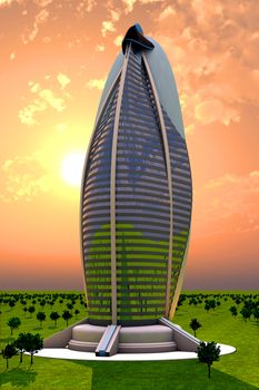 A sunset behind a futuristic Skyscraper. 3D rendered Illustration.
