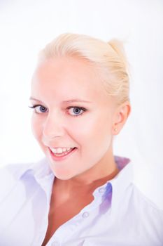 Portrait of a young blonde secretary in a white office.
