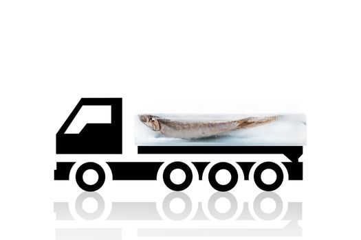 Fresh anchovy fish frozen in ice block on cooling truck isolated on white background. Fresh seafood transportation background. Fresh fish.