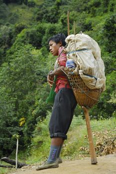 Nepali porter with busket doko and T-shaped stick tokma