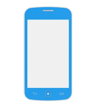 Blue mobile phone with blank screen, smartphone, 3D render, isolated on white