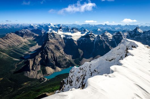 Mountains range view from Mt Temple with Moraine lake, Banff, Rocky Mountains, Alberta, Canada