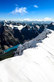 Mountains view from Mt Temple with Moraine lake, Banff, Rocky Mountains, Alberta, Canada