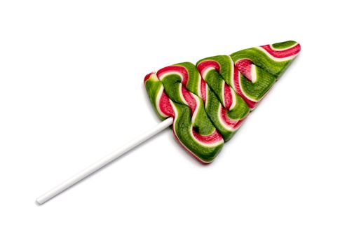 lollipop in the shape of Christmas tree on white background