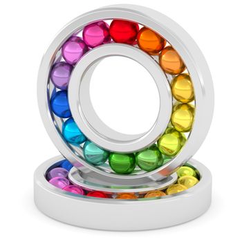 Bearings with colorful balls on white background. High resolution 3D image rendered with soft shadows