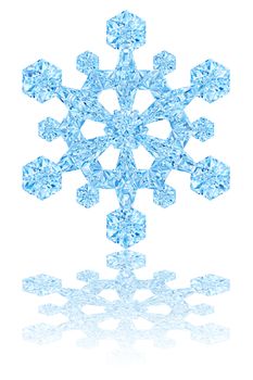 Light blue crystal snowflake on glossy white background. High resolution 3D image