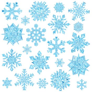 Set of light blue crystal snowflakes isolated on white background. High resolution 3D image