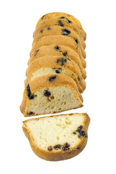 Raisin cake isolated on white background.