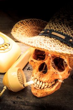 Skull with cigarette, and old wood background.