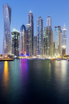 Vertical view of Skyscrapers in Dubai Marina, UAE.