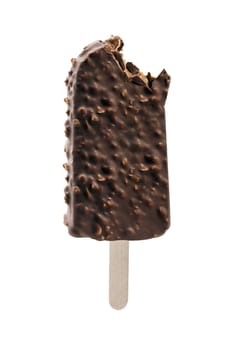 bite ice cream covered with chocolate isolated on white background