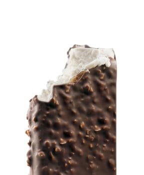 bite ice cream covered with chocolate isolated on white background