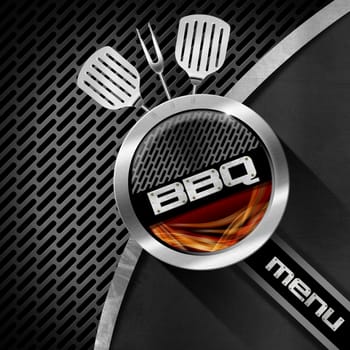 Bbq menu design with metallic round barbecue symbol with metallic grill and flames, on dark metal background with grill and kitchen utensils