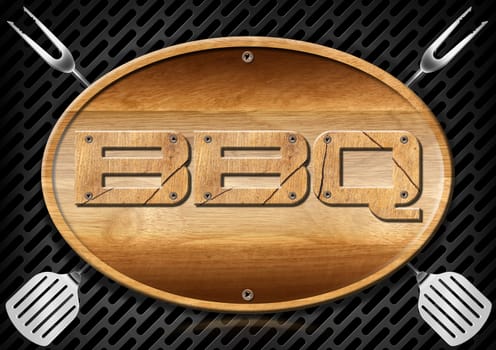 Oval wooden signboard with written Bbq (barbecue) and kitchen utensils on a dark metallic grill