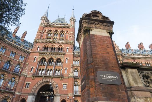LONDON, UK - NOVEMBER 20: Facade of the St. Pancras Renaissance Hotel. November 20, 2014 in London. Formerly used as railway offices, the hotel was redeveloped and reopened in 2011.