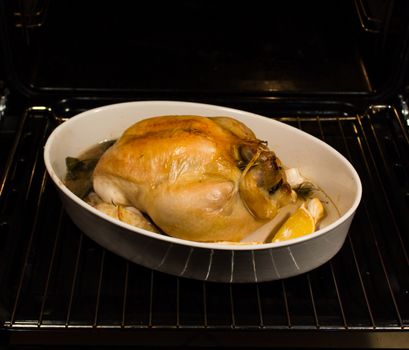 Chicken cooked in the oven with garlic rosemary lemon