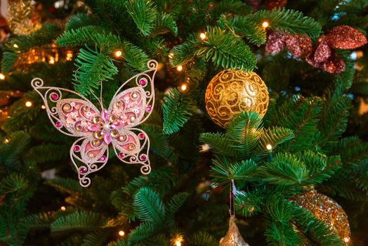 Christmas tree decoration closeup for New year background