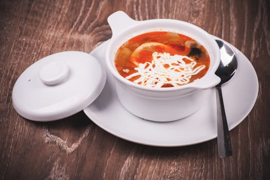 eastern european soup rassolnik in bowl with spoon 