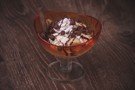 cacao and banana dessert with chocolate dressing 