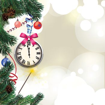 Christmas and New Year greeting card with fir branches, a clock and a sparkler