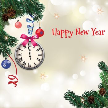 Christmas and New Year greeting card with fir branches, a clock and a sparkler. With congratulatory text