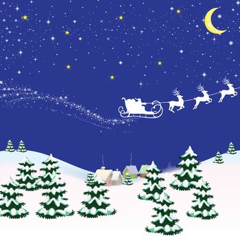 Christmas card with a blue background on the sleigh of Santa Claus with falling snow 