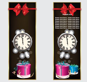 New Year greeting with a clock in the middle of the booklet, gift wrapping and red ribbon on top of the bank and