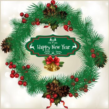 Christmas wreath with fir cones, with the words Merry Christmas in the center