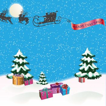 Christmas picture with Christmas trees, Santa Claus and gifts and greeting text