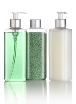 Set of bath salt, shampoo and liquid soap isolated