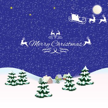 Christmas picture with Christmas trees, Santa Claus and gifts under Christmas trees. Blue background pictures