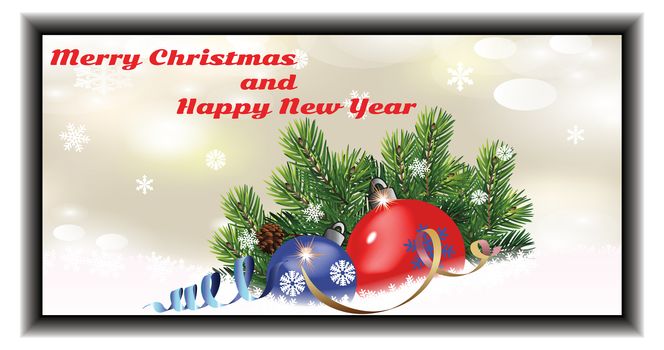 a small greeting card with Christmas balls on snow and fir branches