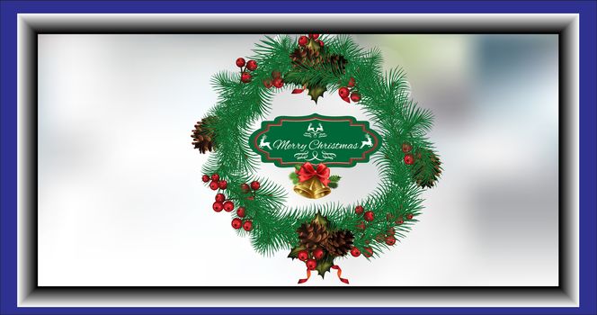 Christmas wreath card with fir cones, with the words Merry Christmas in the center