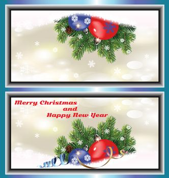 small-sided Christmas greeting card with gifts, fir branches