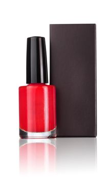 Red nail polish with black box on white background