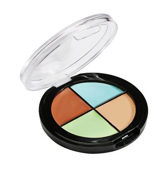 Eye shadows and blush. Plastic case. Isolated