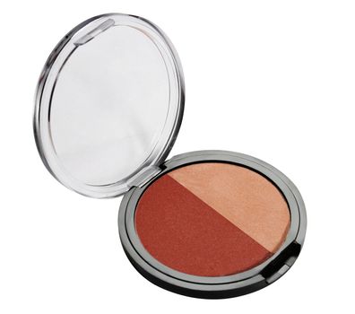Eye shadows and blush. Plastic case. Isolated