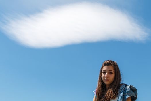 Girl with cloud on the head that thinks