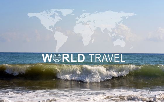 Seascape with wave rolling ashore, inscription World Travel, related symbol and contoured map of world continents