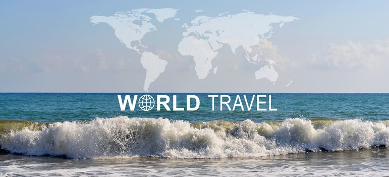 Seascape with wave rolling ashore, inscription World Travel, related symbol and contoured map of world continents