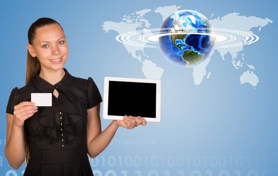 Beautiful businesswoman holding blank tablet PC and blank business card. World map, figures and globe surrounded by horisontal rings as backdrop. Elements of this image furnished by NASA
