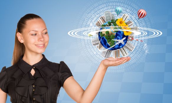 Beautiful businesswoman holding miniature Earth with trees, flowers, industrial and residential buildings, air balloons, airplane and surrounded by rings, part of them composed of digits. Chessboard as backdrop. Elements of this image furnished by NASA