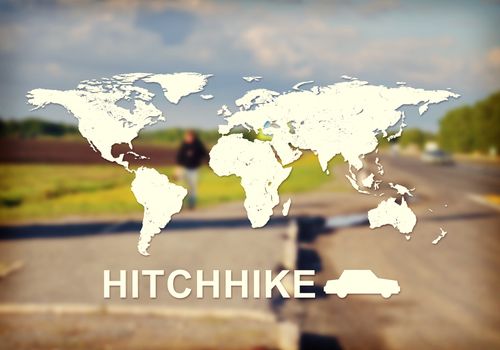 Contoured map of world continents with inscription Hitchhike and related symbol. Blurred photo of forked road with cars, trees and person by the side of the road as backdrop