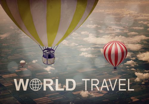 Aerial view of air baloons against crop acreage. Inscription World Travel and related symbol