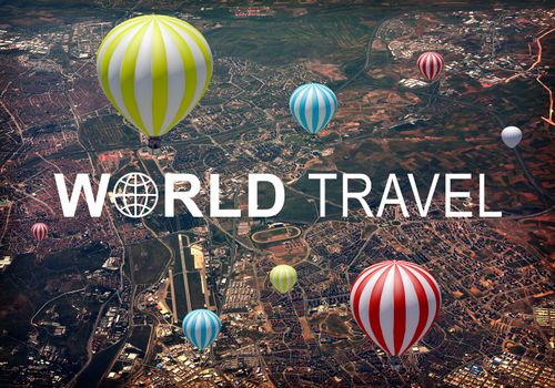 Aerial view of city, suburbs and airport. Air baloons above. Inscription World Travel and related symbol