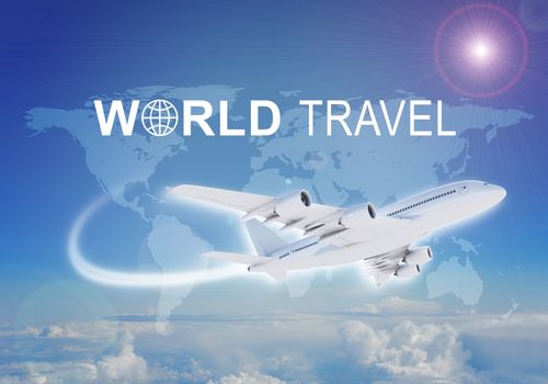 Contoured map of world continents with inscription World Travel and related symbol. Flying jet airliner on foreground, Earth surface, clouds and sky as backdrop.